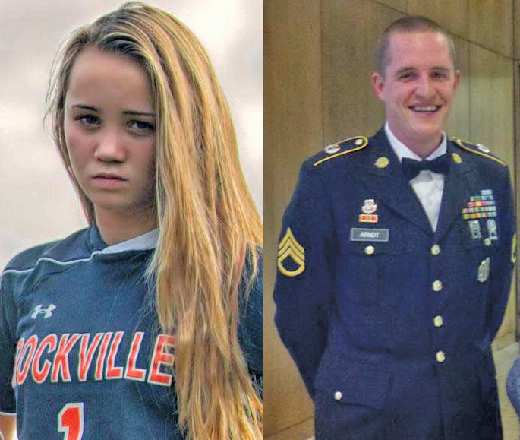 El Sargento Adam Arndt, de 31 años, fue encontrado muerto de una herida de bala el lunes por la mañana dentro de  su casa de Germantown, Maryland Michelle Miller, 17, un  senior en la escuela secundaria de Rockville.